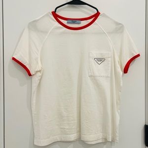 Prada Round Neck Logo Pocket Patch T-shirt -White- Size S
